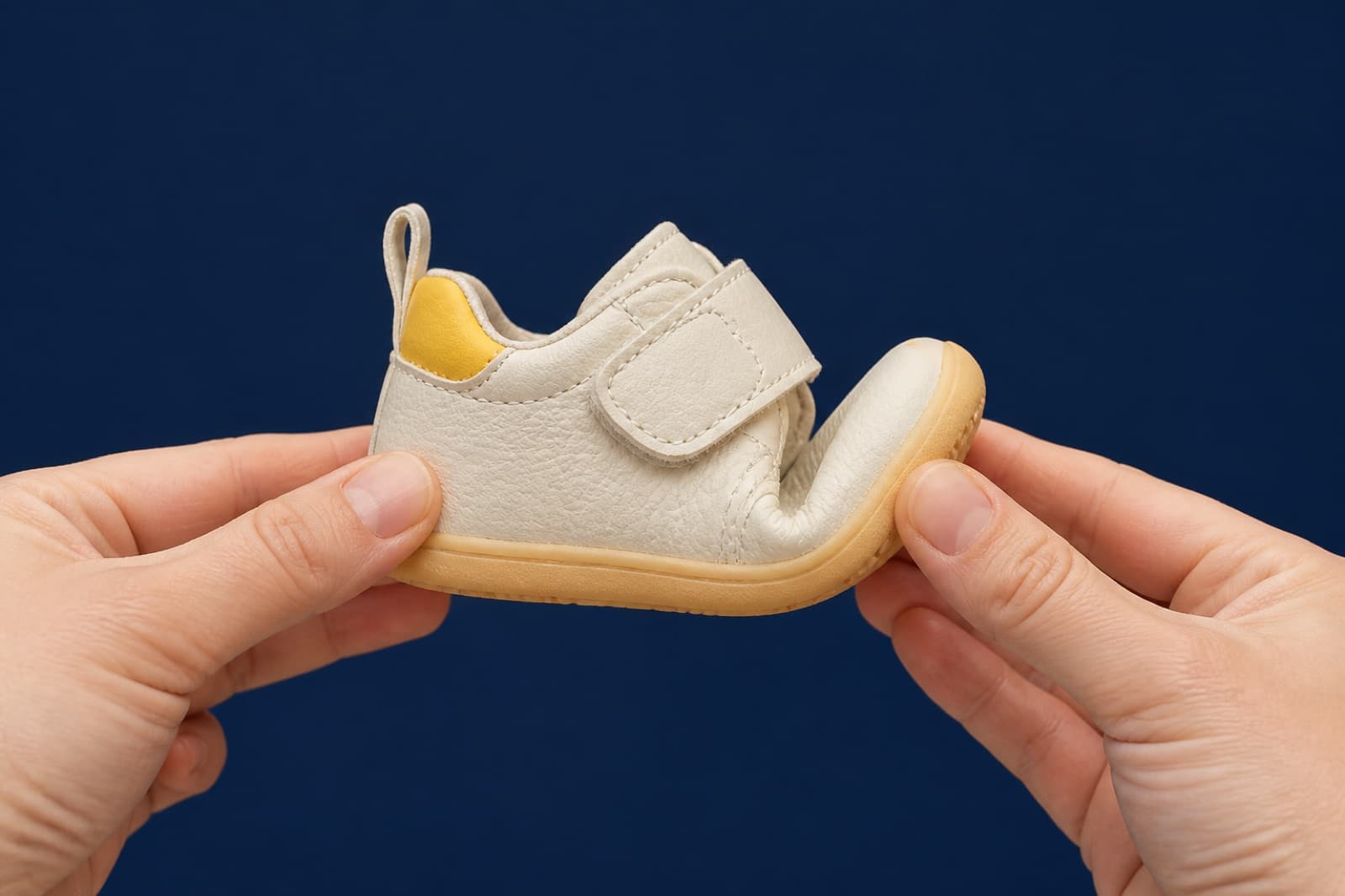 The sole of a First Walkers shoe bent upward at the forefoot by hand