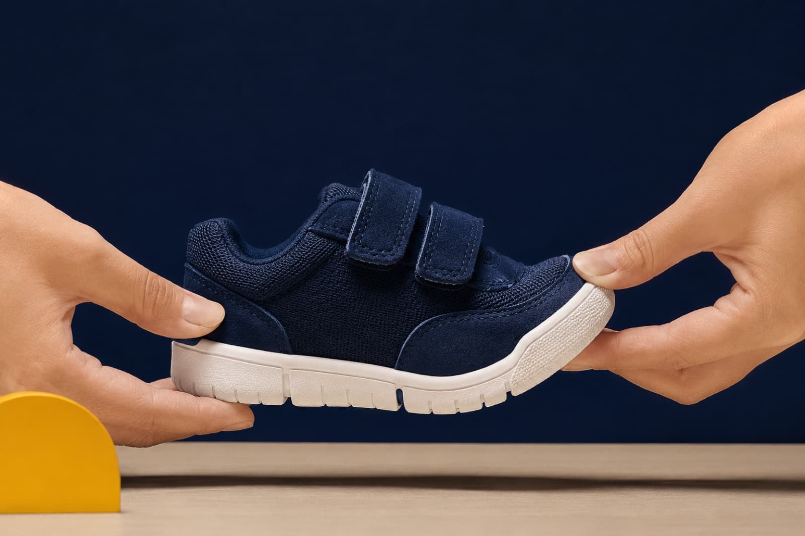 The sole of a Everyday Kids shoe bent upward at the forefoot by hand