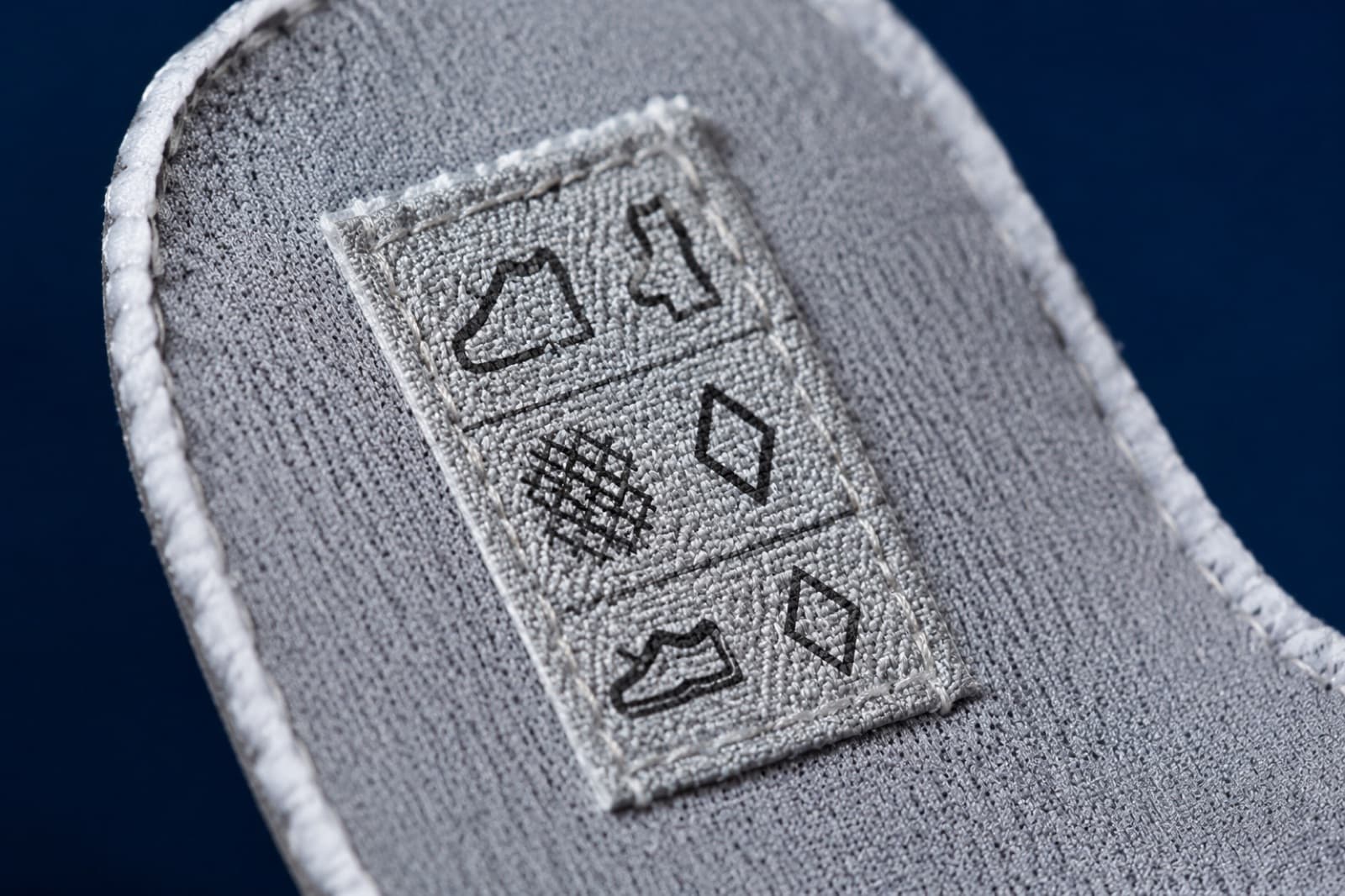 The stitched material label inside the shoe showing three rows of pictogram symbols