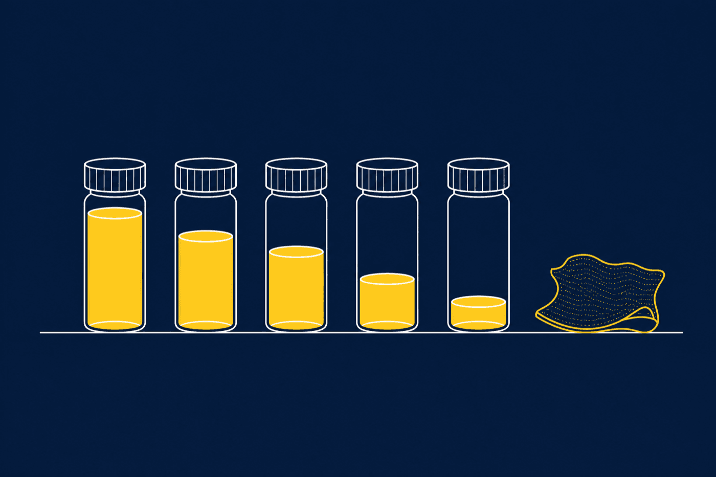 Diagram of five laboratory vials arranged in a row beside a swatch of shoe leather