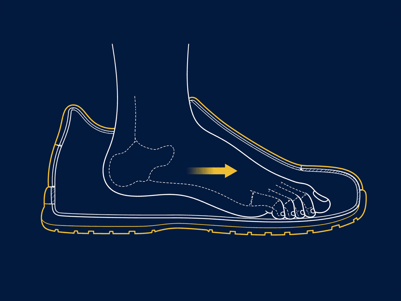 Cutaway diagram of an oversized shoe with the foot slid forward, the heel lifted and the toes curled